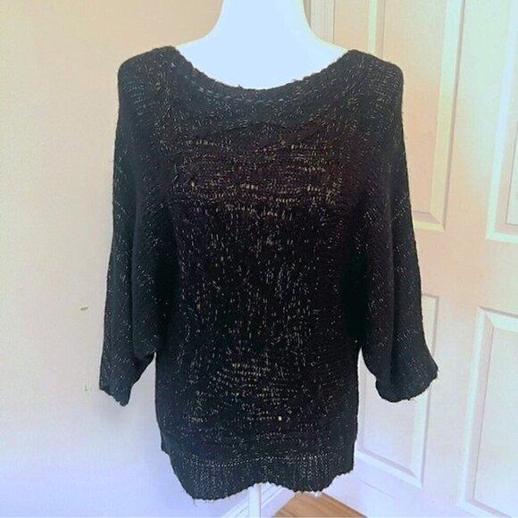 Nine West Jeans Sweater, Black Knit Sweater with Gold Metallic Mesh, Size S - Picture 2 of 9
